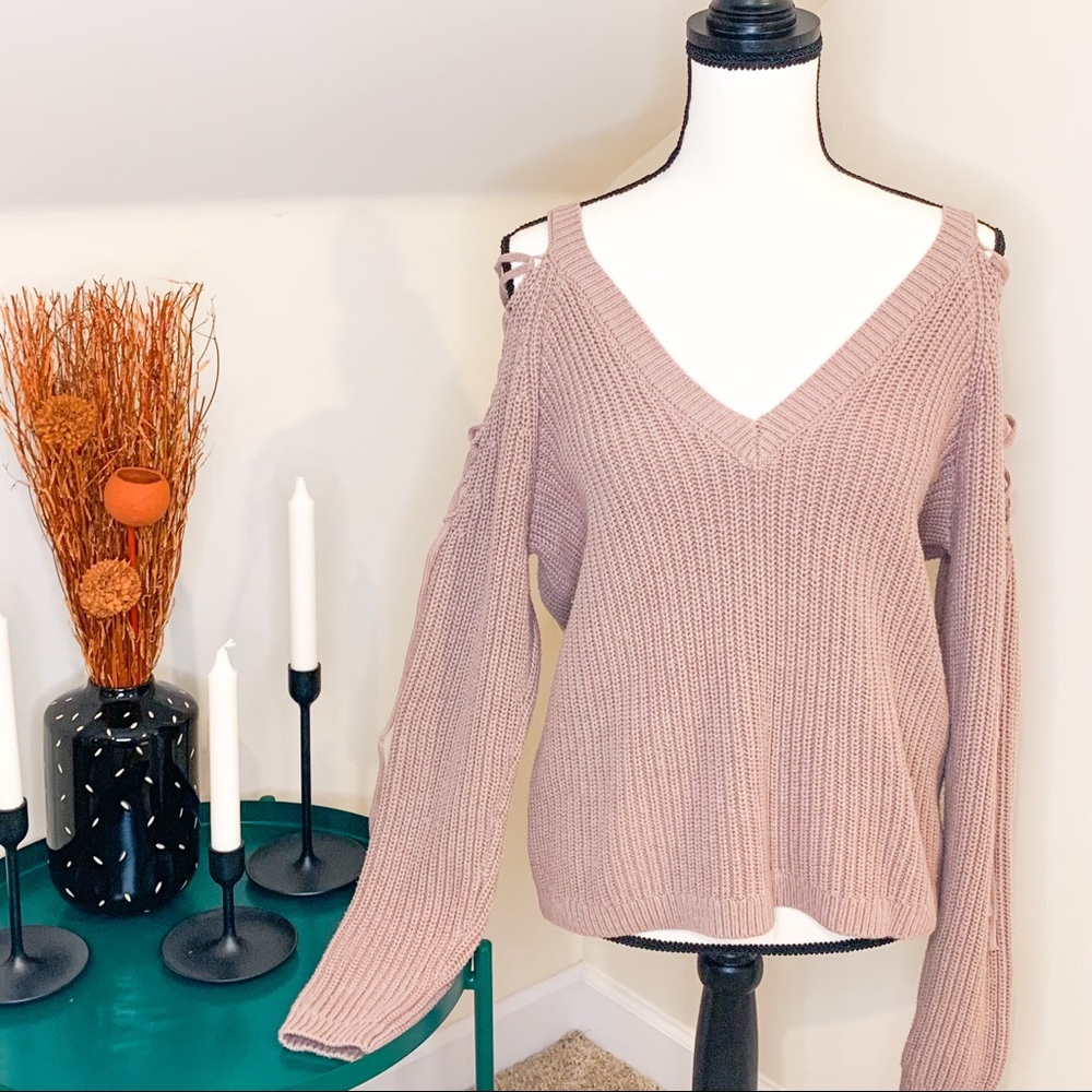 LA Hearts Taupe Boat Neck Laced Sleeve Sweater